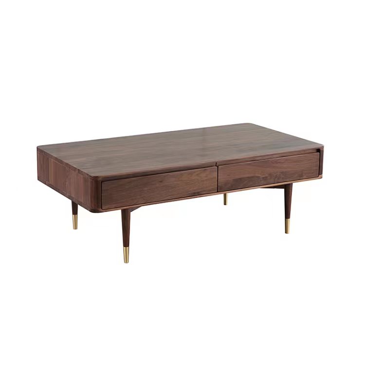 Mesa de centro de nogueira com pé de cobre